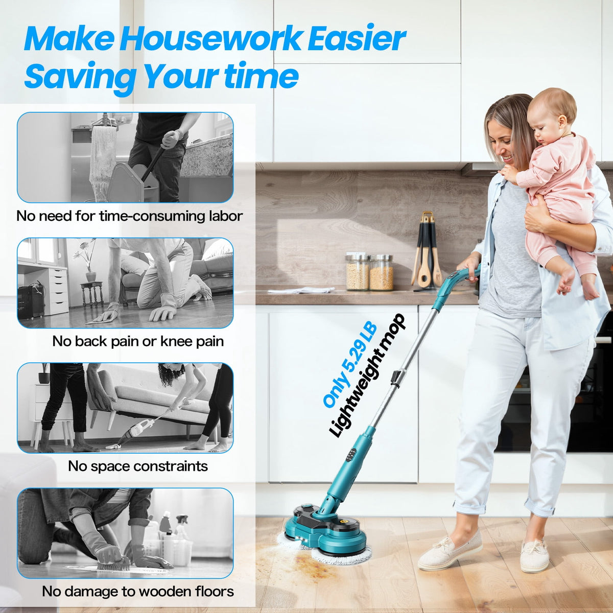 Garly Kitchen Cordless Electric Mop, Dual-Motor Power Spin Mop for Floor Cleaning with 5000 mAh