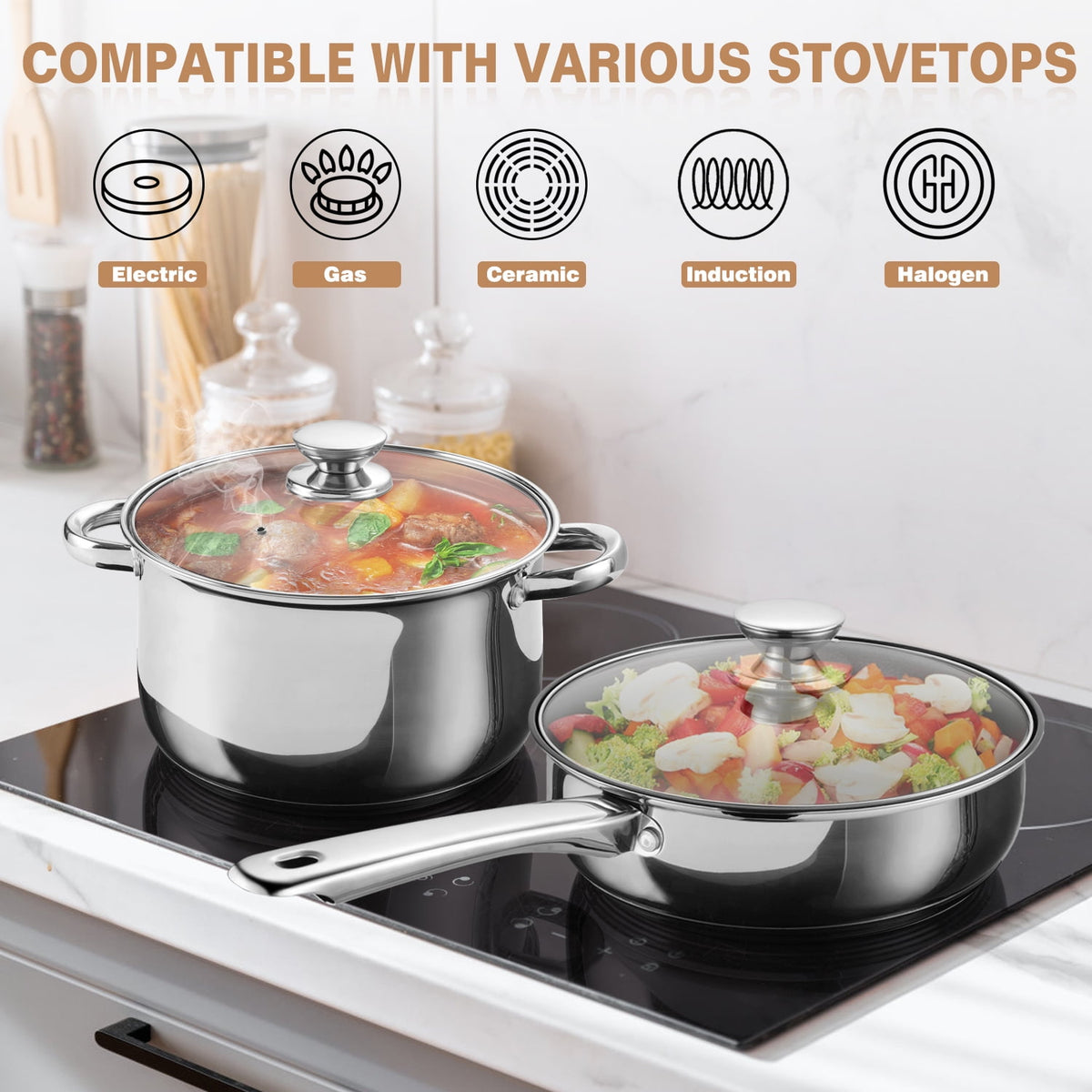 Garly Kitchen 13-Piece Stainless Steel Cookware Set, Kitchen Pots and Pans Set with Glass Lid