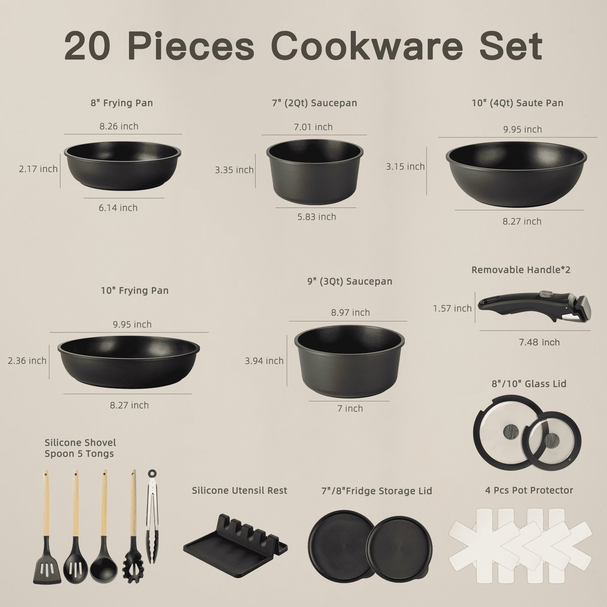 Garly Kitchen 20-Piece Pots and Pans Set, Nonstick Cookware Set with Detachable Handles
