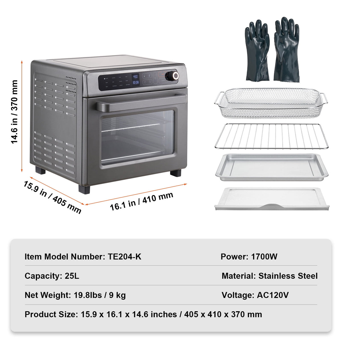 Garly Kitchen 12-in-1 1700W Air Fryer Toaster Oven 25L Stainless Steel Convection Oven