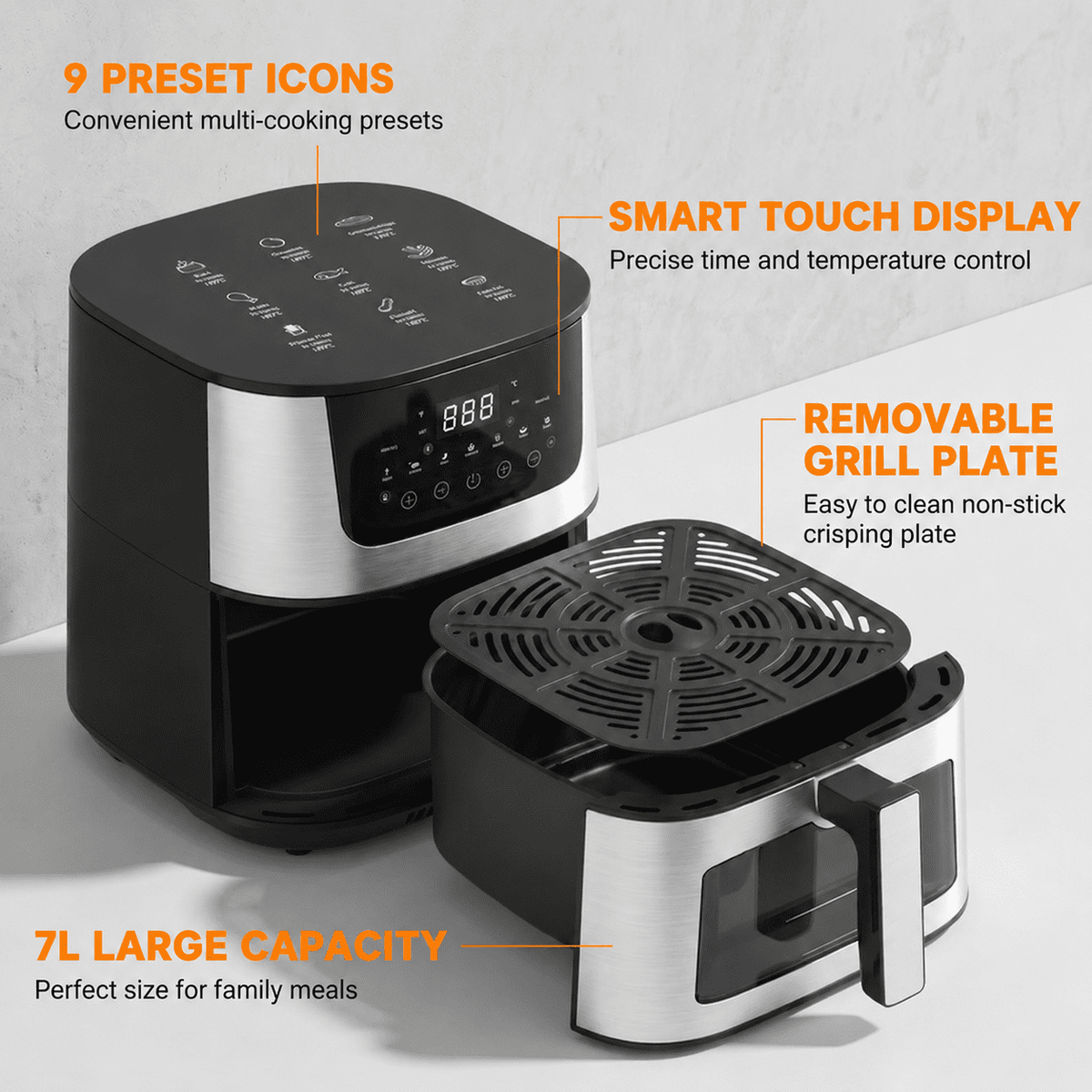 Garly Kitchen 7.5-Qt Air Fryer 9 Functions w/ Touch Controls, HI-FRY Button, Stainless Steel(Black)