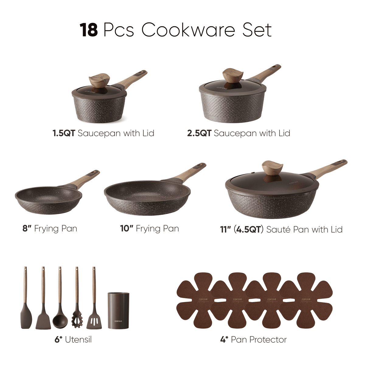 Garly Kitchen 18-Piece Nonstick Pots and Pans, Granite Cookware Set with Kitchen Utensils, Brown