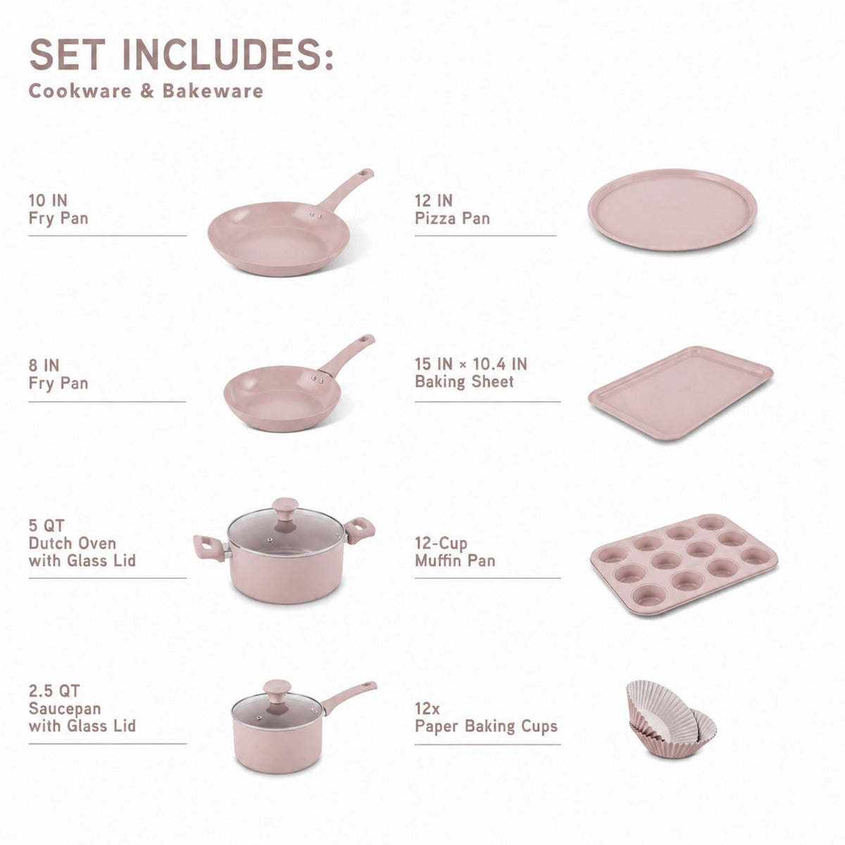 Garly Kitchen Elements by Thyme & Table 60-Piece Ceramic Non-Stick Cookware Set - Dusty Rose