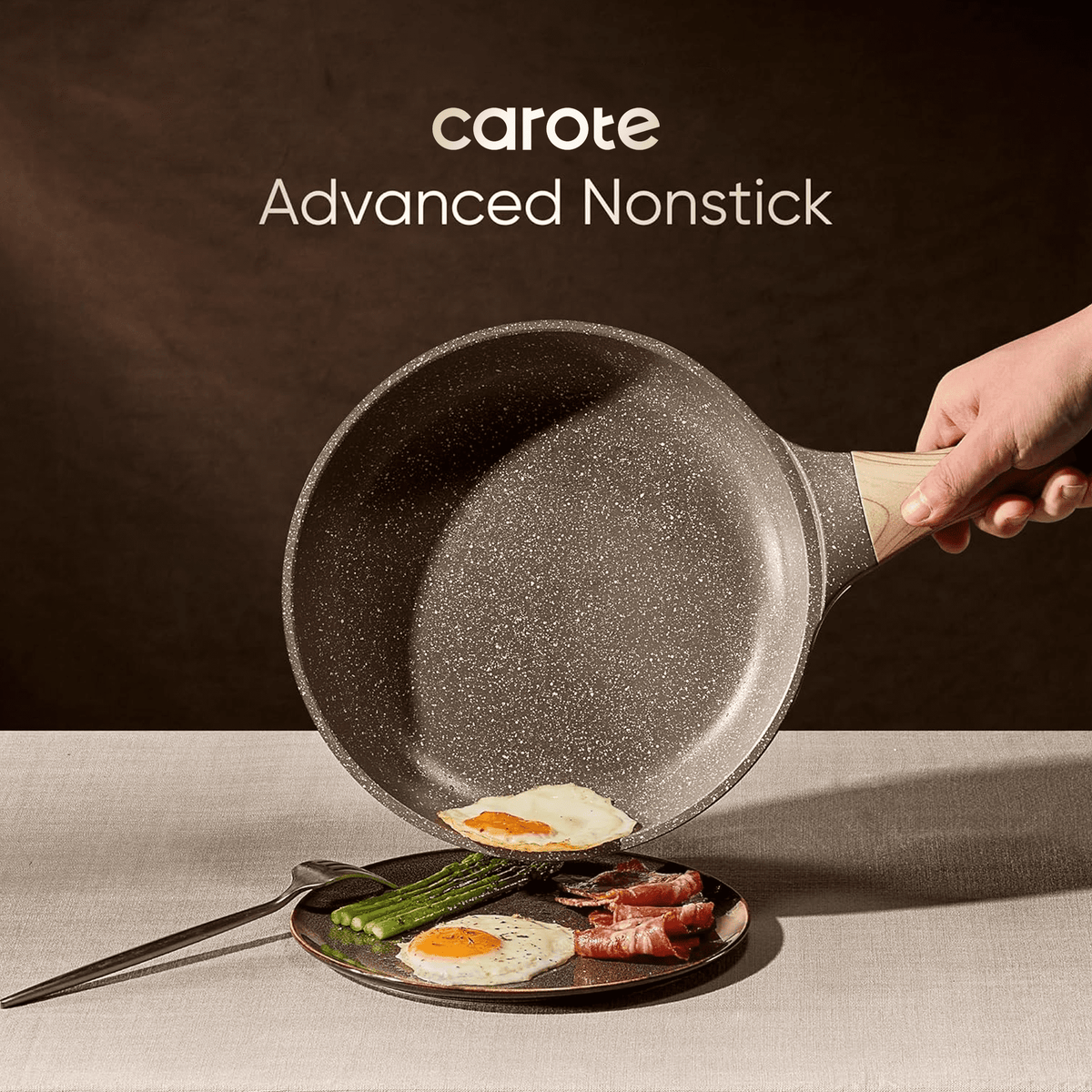 Garly Kitchen 18-Piece Nonstick Pots and Pans, Granite Cookware Set with Kitchen Utensils, Brown