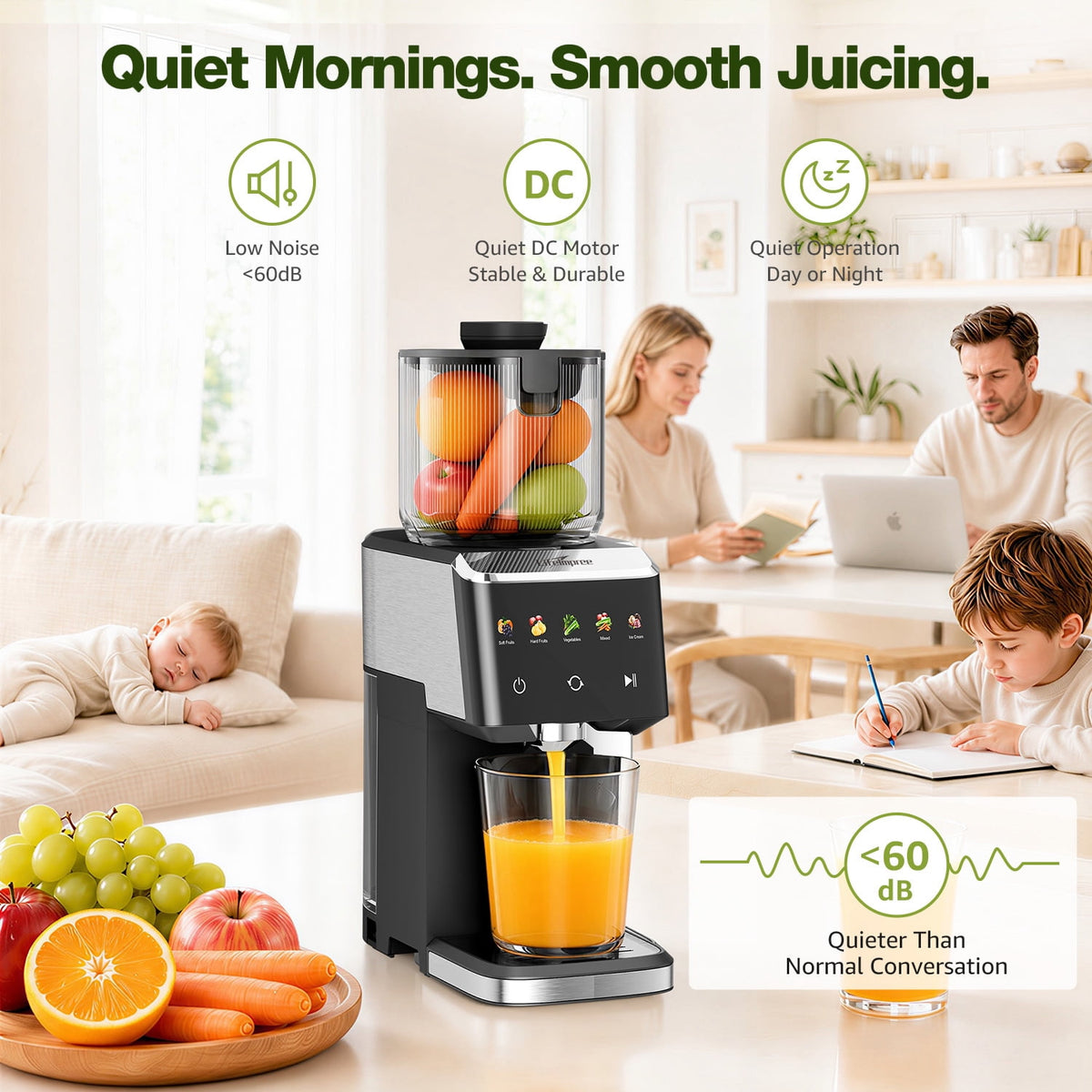 Garly Kitchen Juicer Machine, Touchscreen Cold Press Juicer with 5.4" Wide Feed Chute