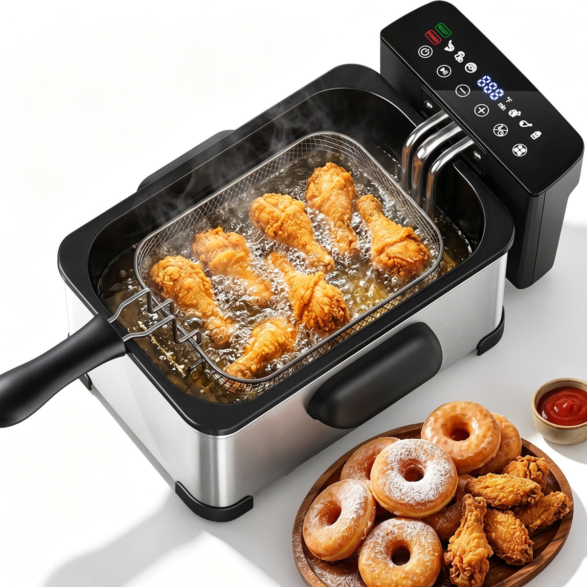 Garly Kitchen Deep Fryer with Basket, Electric Oil Fryer Pot, 6 Food Presets, Touchscreen, 1H Timer