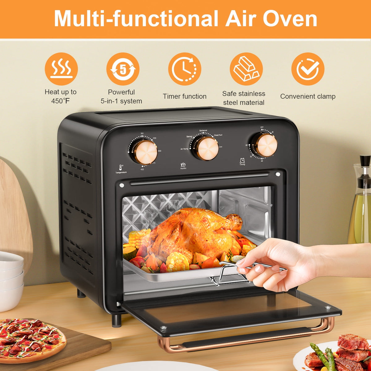 Garly Kitchen 5-in-1 Air Fryer Toaster Oven Countertop, 1300W 17-Qt, 4-Slice Convection Ovens Combo