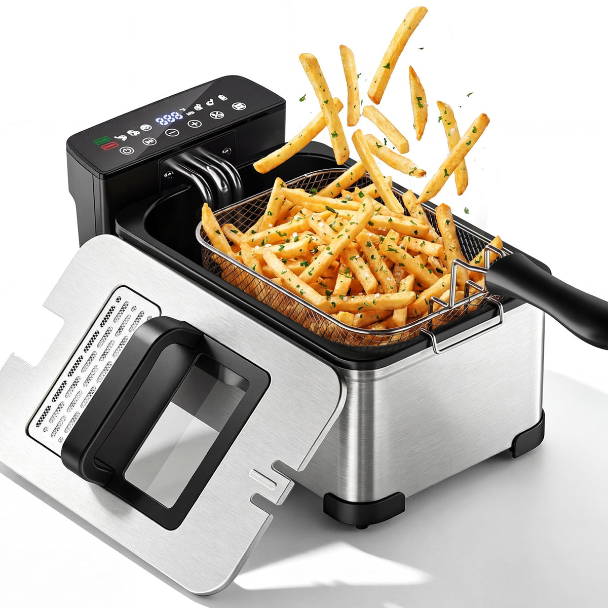 Garly Kitchen Deep Fryer with Basket, Electric Oil Fryer Pot, 6 Food Presets, Touchscreen, 1H Timer