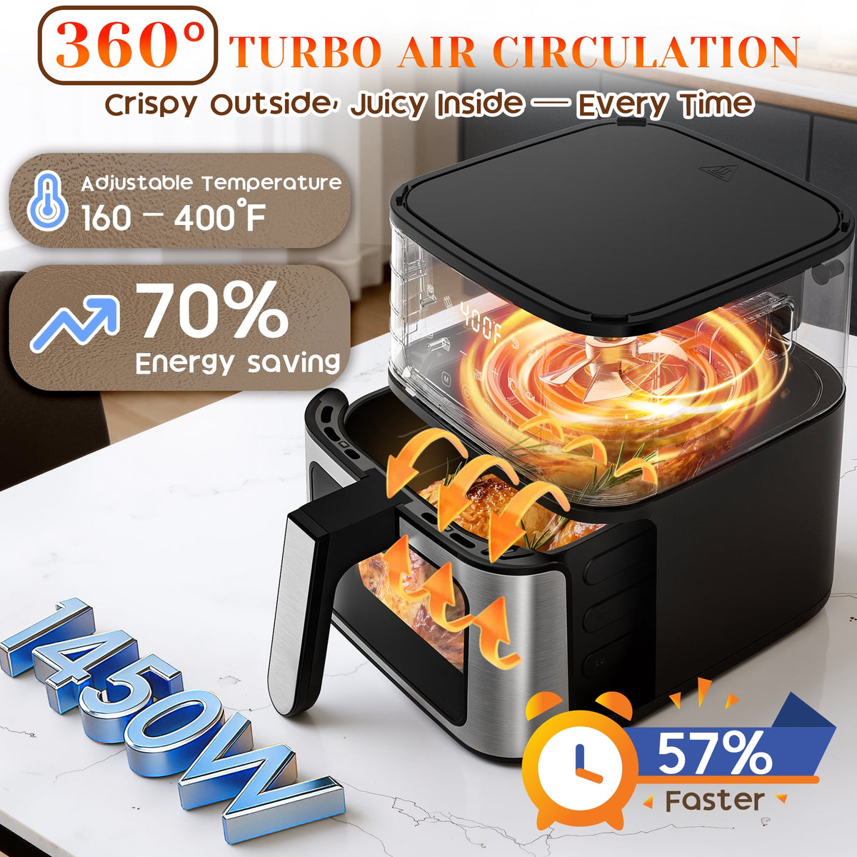 Garly Kitchen 7.5-Qt 10-in-1 Air Fryer Oven with Grill Plate, LCD Digital Control, View Window