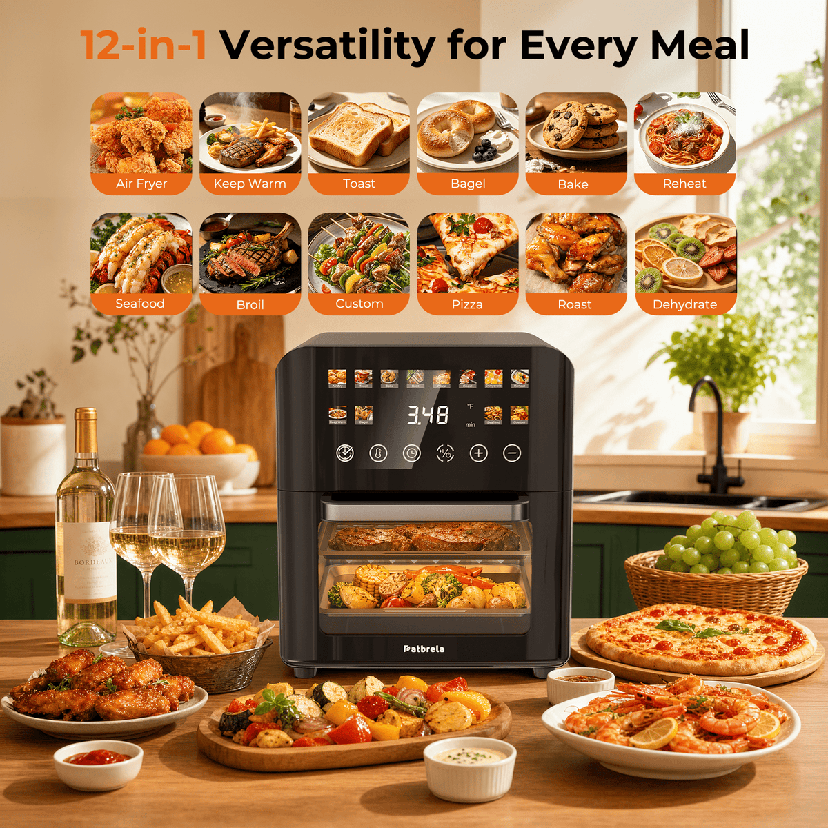 Garly Kitchen 12-Qt Air Fryer Toaster Oven, 24H Delay Start Timer, 12 Preset Menus