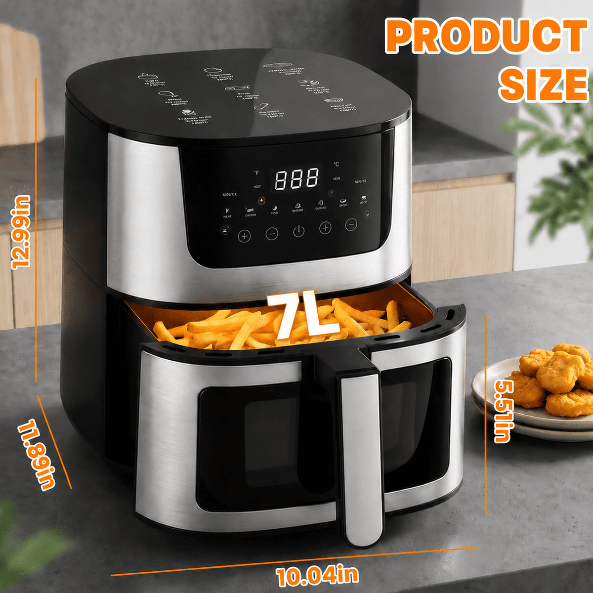 Garly Kitchen 7.5-Qt Air Fryer 9 Functions w/ Touch Controls, HI-FRY Button, Stainless Steel(Black)