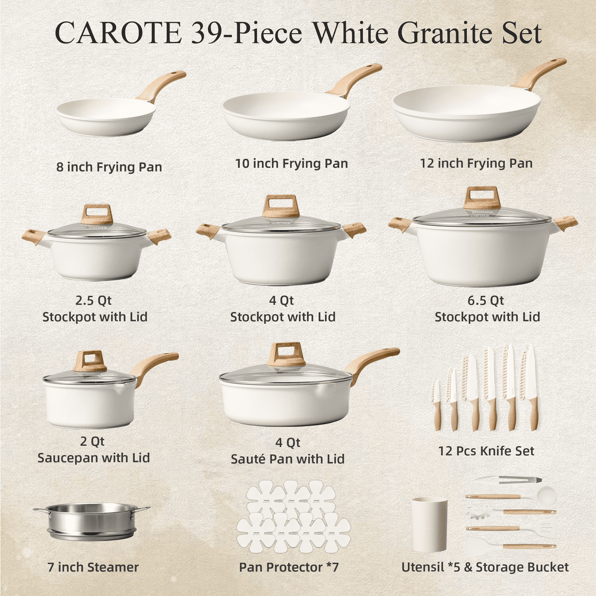 Garly Kitchen 39-Piece Nonstick Pots and Pans Set, Induction Cookware Set with Granite Coating