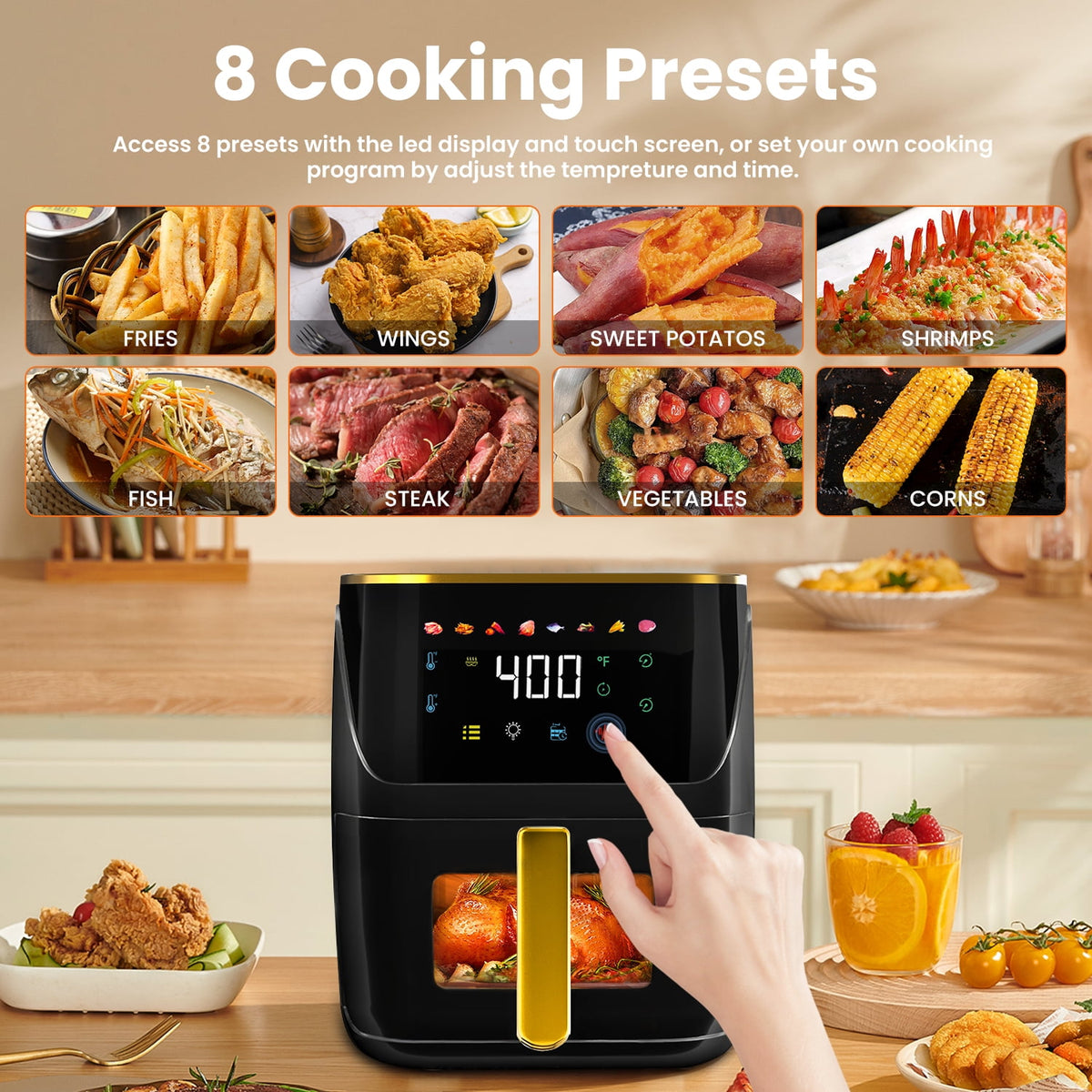 Garly Kitchen Newest Air Fryer Large 8.5-Qt, Black, 8-in-1 Touch Screen, View Window, 1750W