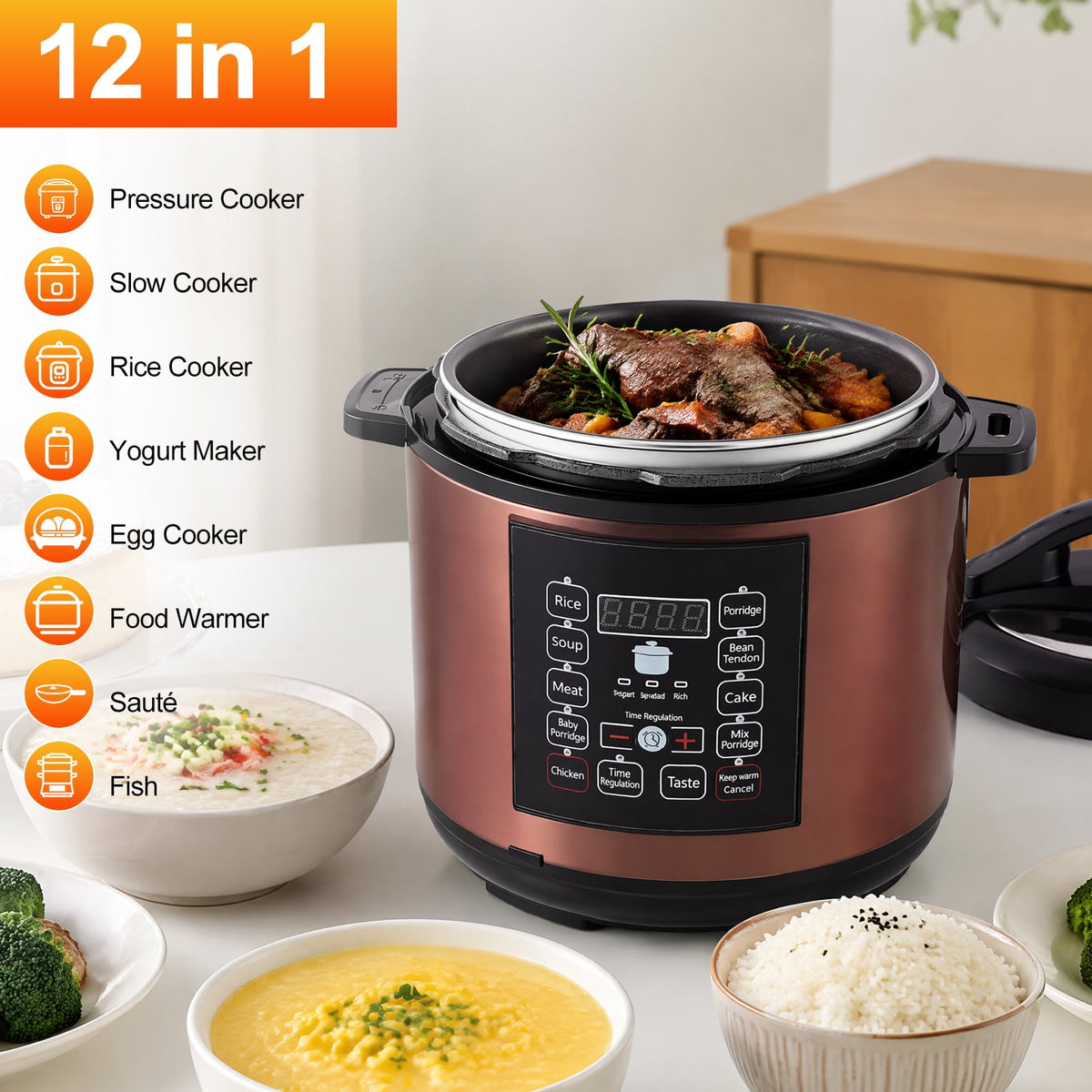 Garly Kitchen 6.5-Qt Electric Pressure Cooker, 12-in-1 Multi-Functional Slow Cooker, Rice Cooker