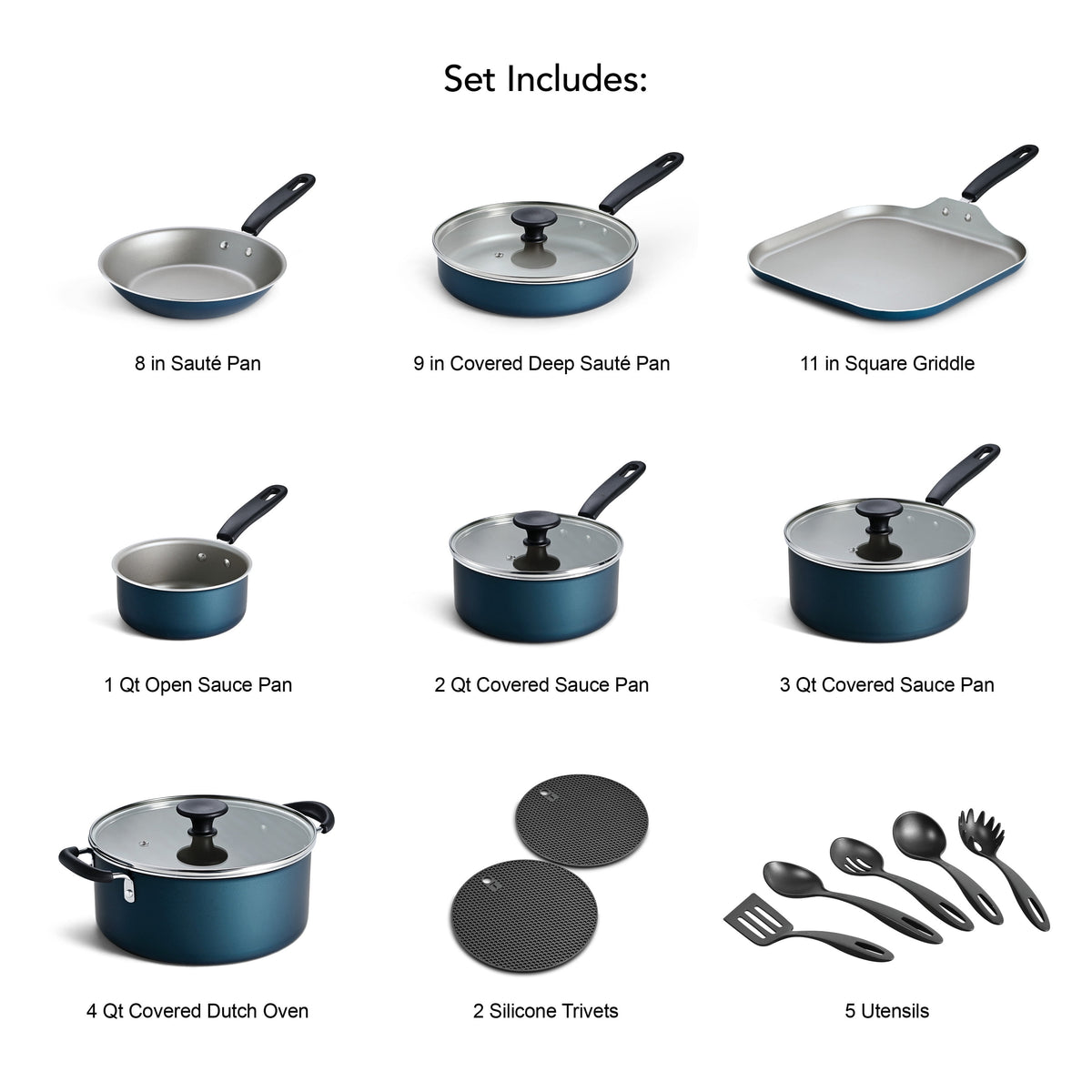Garly Kitchen 18-Piece Nonstick Cookware Set Blue