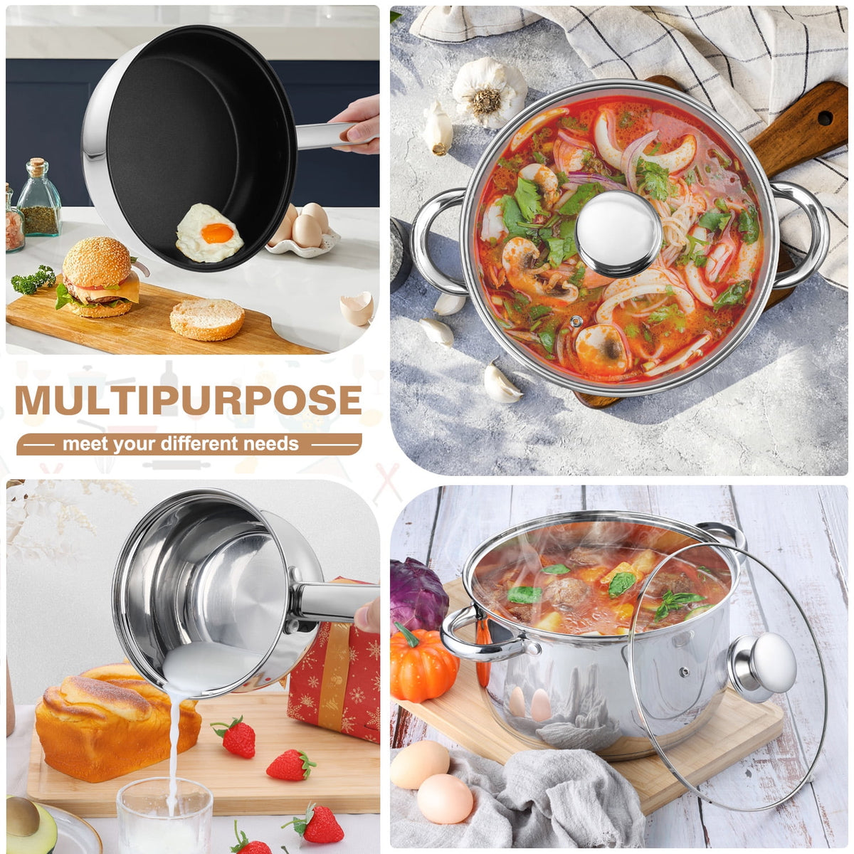Garly Kitchen 13-Piece Stainless Steel Cookware Set, Kitchen Pots and Pans Set with Glass Lid