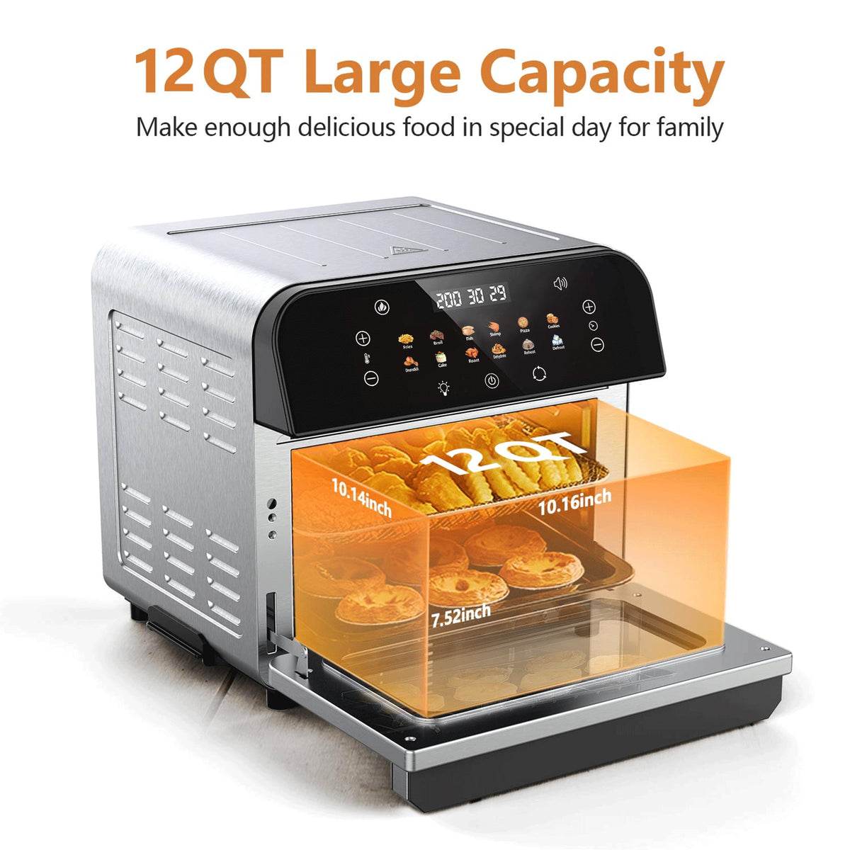 Garly Kitchen 12-Qt Touchscreen Air Fryer Toaster Oven, 12 Pre-set Menus, Clear Window, Less Oil