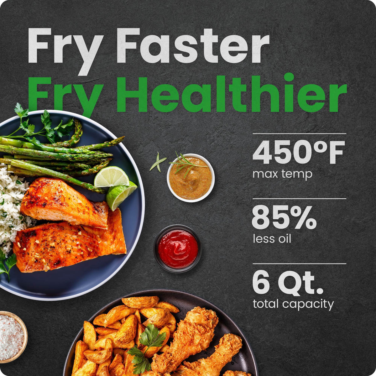 Garly Kitchen Air Fryer 1500W, 6-Qt, 4 Functions with Touch Controls, Stainless Steel