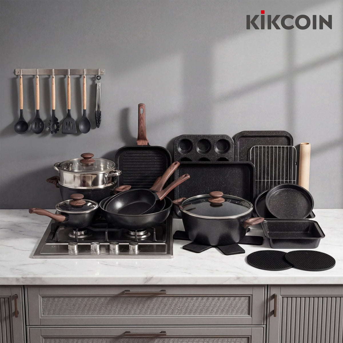 Garly Kitchen Kikcoin 34-Piece Pots and Pans Set, Dishwasher-Safe Non Stick Pots and Pans