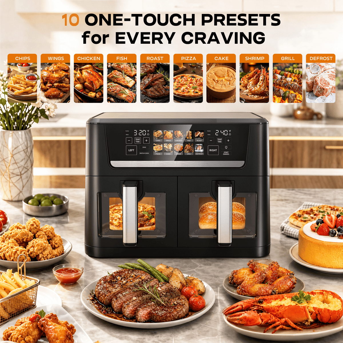 Garly Kitchen 13-Qt Dual Basket Air Fryer Oven, 1700W with Sync and Match Cook