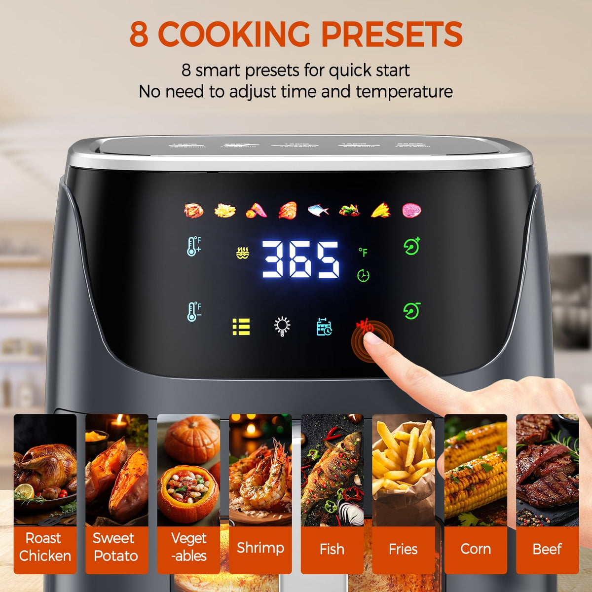 Garly Kitchen 8-Qt Air Fryer with 8 Food Preset, LED Digital Touch Screen, Roast, Reheat, Dehydrate