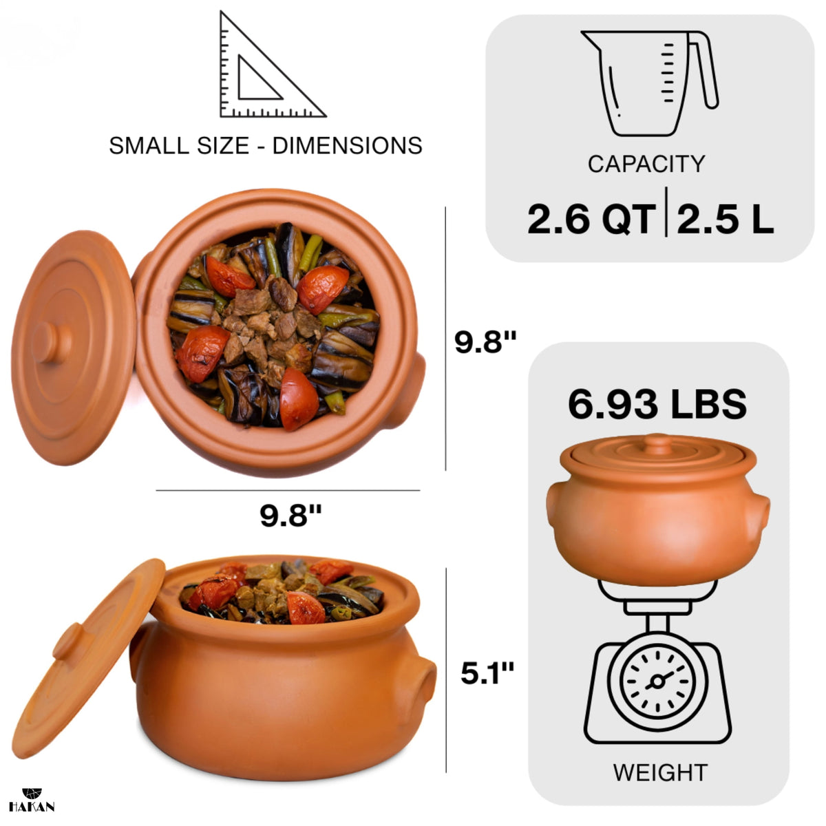 Garly Kitchen Handmade 2.6-Qt Small Clay Cooking Pot with Lid, Unglazed Natural Cookware, 2.5L