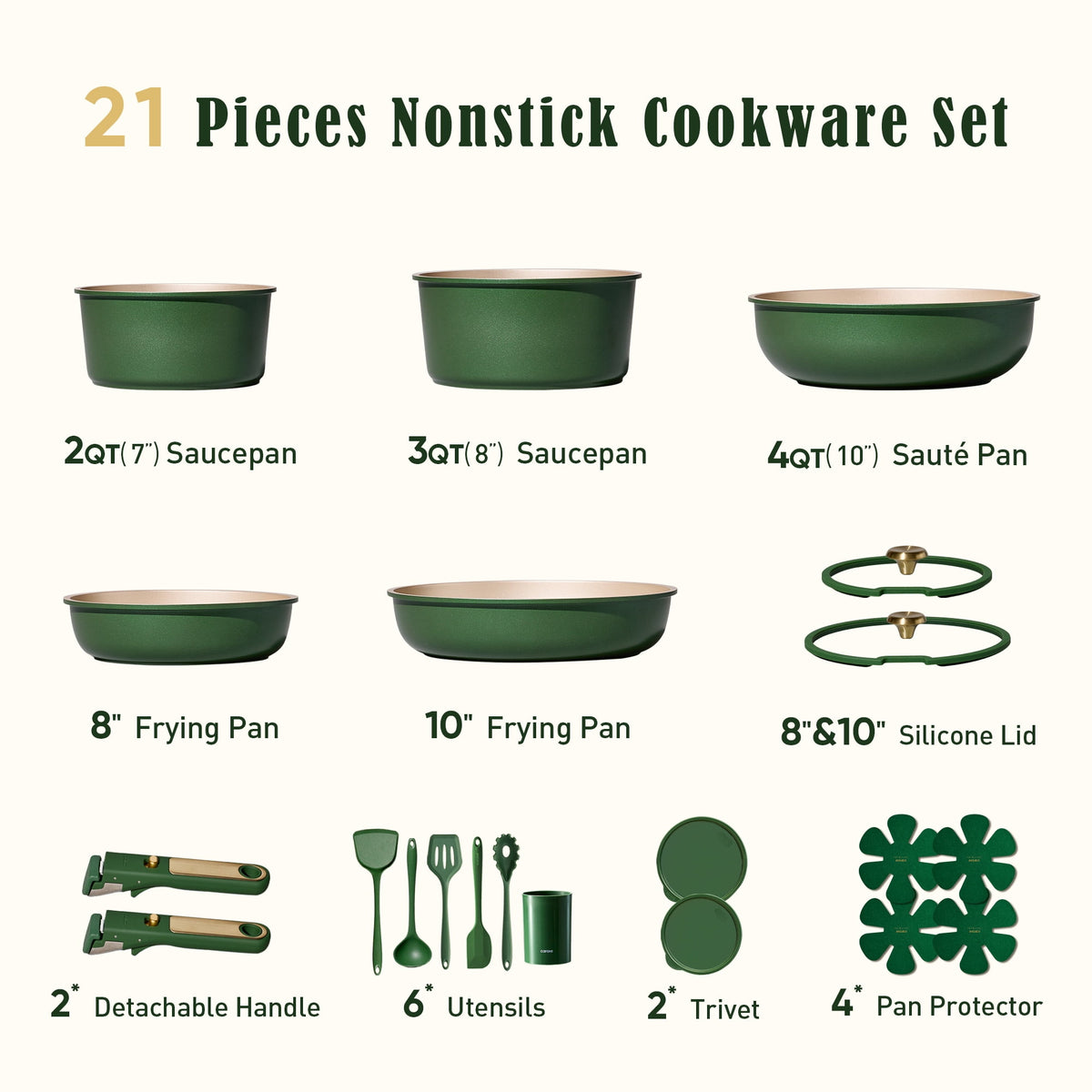 Garly Kitchen 21-Piece Nonstick Pots and Pans Set, Cookware Set with Detachable Handle and Lids