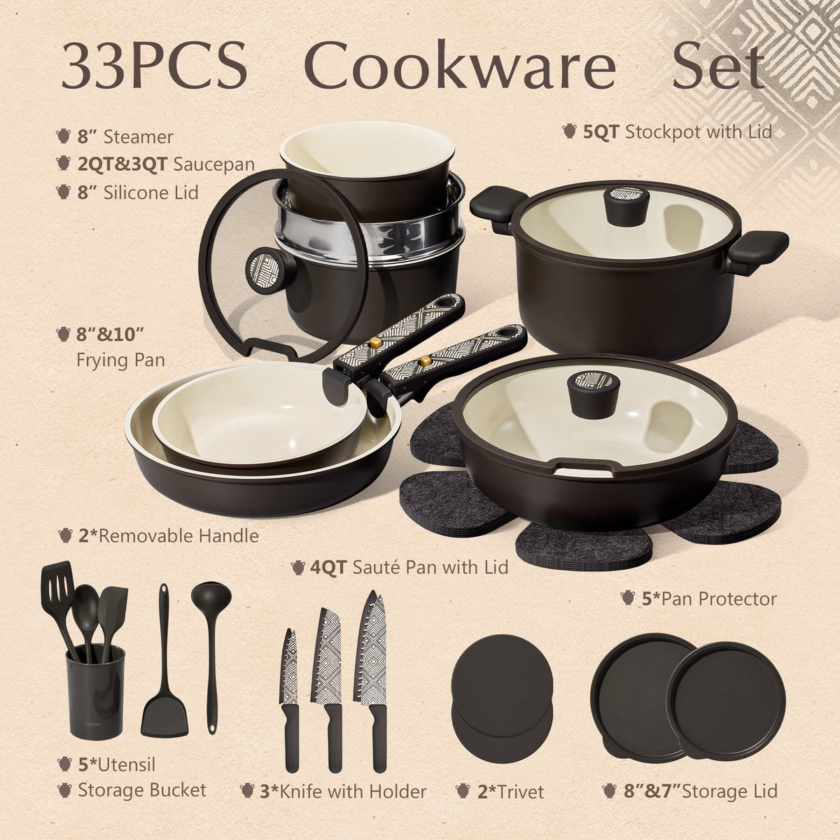 Garly Kitchen 33-Pieces Ceramic Cookware Set, Nonstick Pots and Pans with Detachable Handles