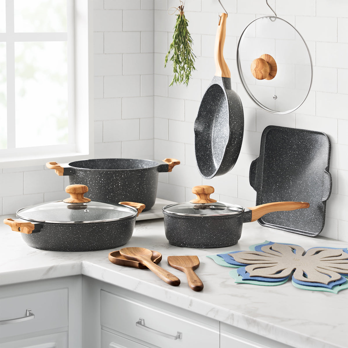 Garly Kitchen Prairie Signature 14-Piece Cast Aluminum Cookware Set, Charcoal Speckle
