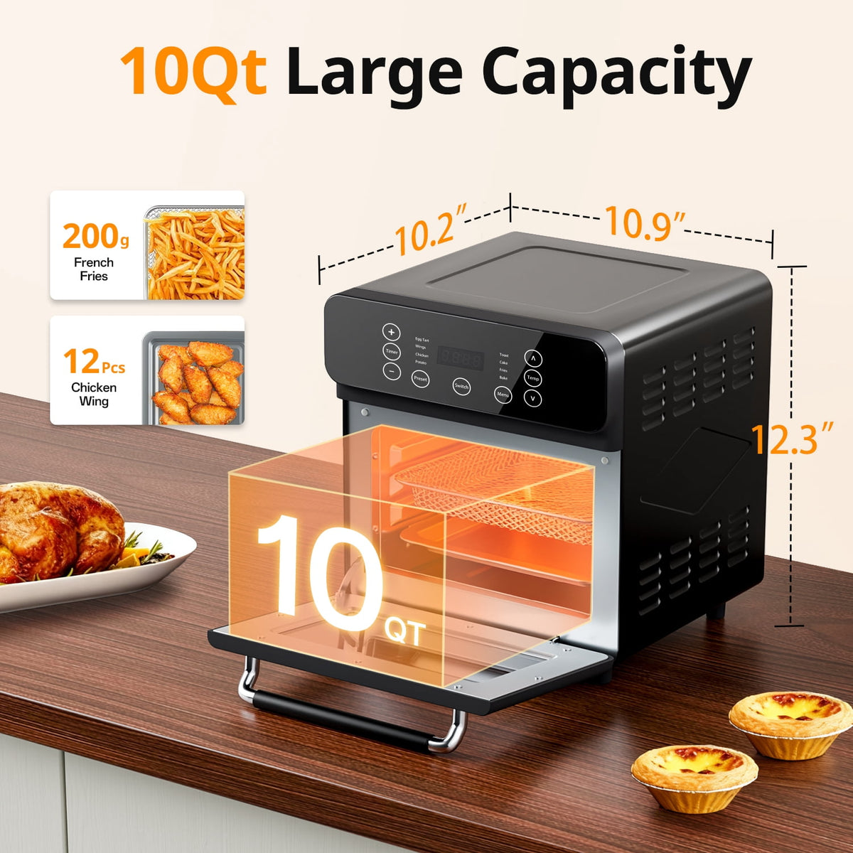 Garly Kitchen 10-Qt Air Fryer Oven, 8 Preset Functions, LED Smart Touch Display, Oil-Less Cooking