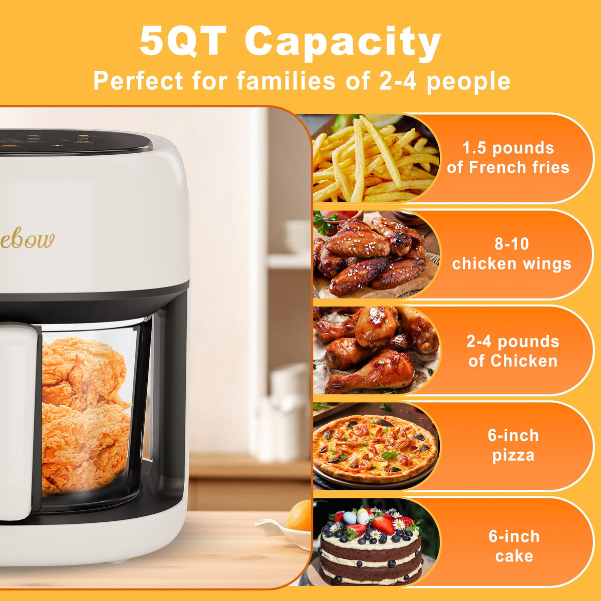 Garly Kitchen 5-Qt Air Fryer with 360° Viewing Glass Pot, 8-in-1 Digital Touchscreen