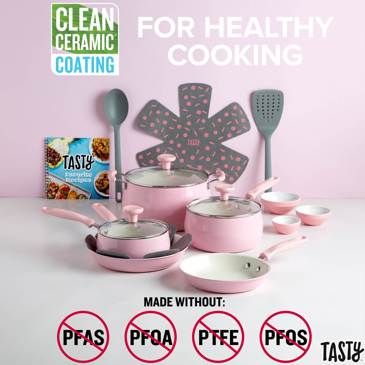 Garly Kitchen Tasty Clean Ceramic 16 Piece Non-Stick Aluminum Cookware Set, Pink