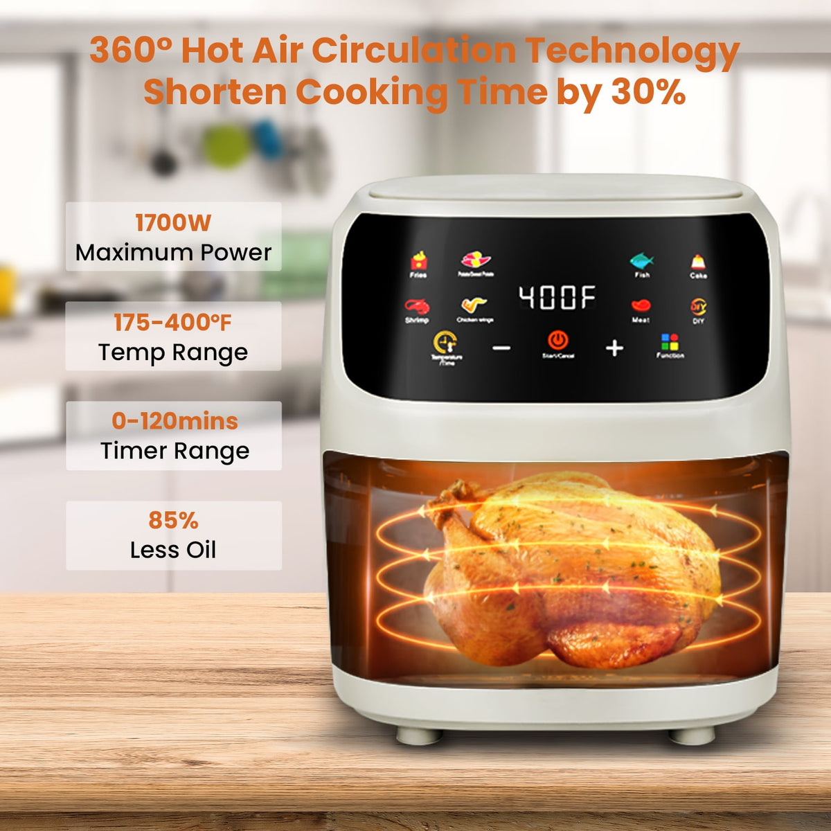 Garly Kitchen Air Fryer Large 7.5-Qt, 8-in-1 Digital Touchscreen, View Window, 1700W, Cream White