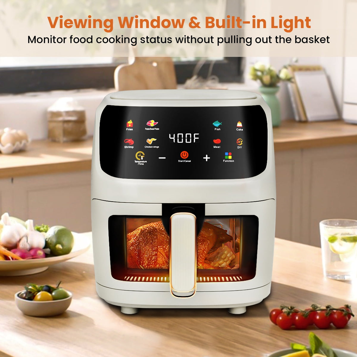 Garly Kitchen Air Fryer Large 7.5-Qt, 8-in-1 Digital Touchscreen, View Window, 1700W, Cream White