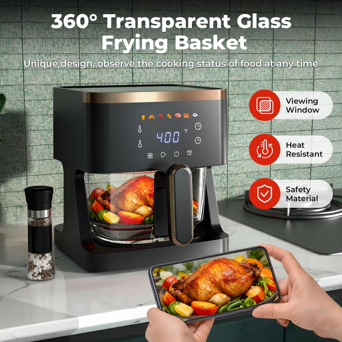 Garly Kitchen 7-in-1 Air Fryer, 5-Qt Glass Basket Fryer, 360° Cooking Window, 1400W Precise Heating