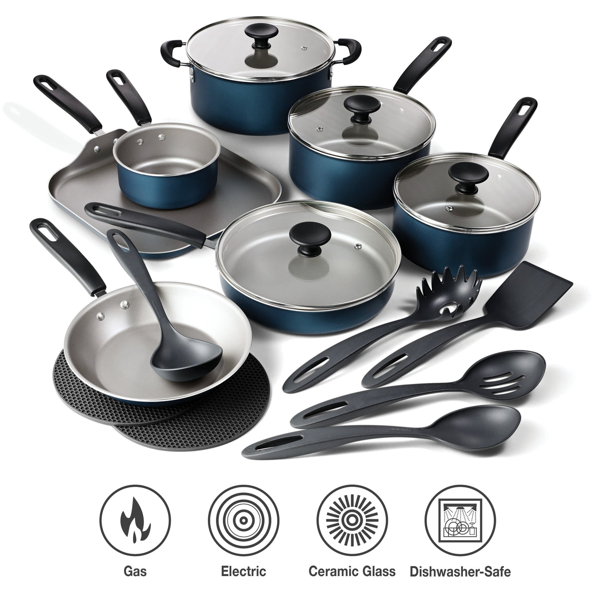 Garly Kitchen 18-Piece Nonstick Cookware Set Blue