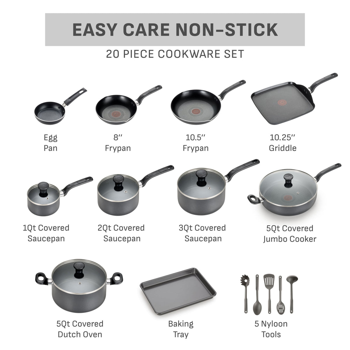 Garly Kitchen Nonstick Cookware, 20 piece Set, Grey, B087SKDW