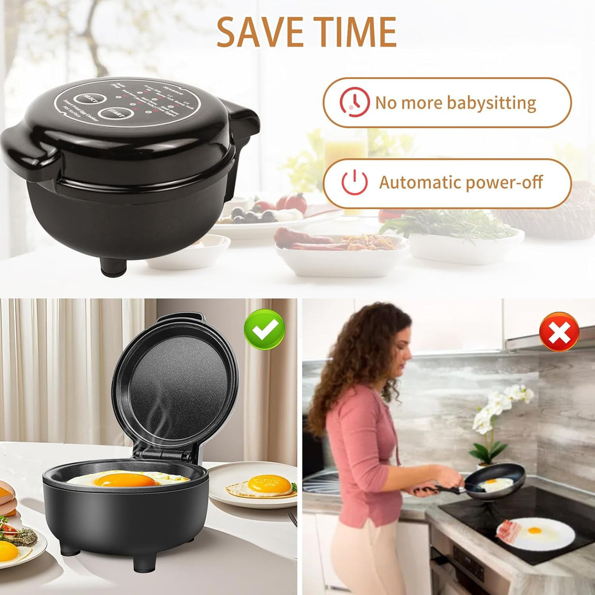 Garly Kitchen Smart Fried Egg Cooker, Automatic Sunny-Side & Over-Easy (Black)