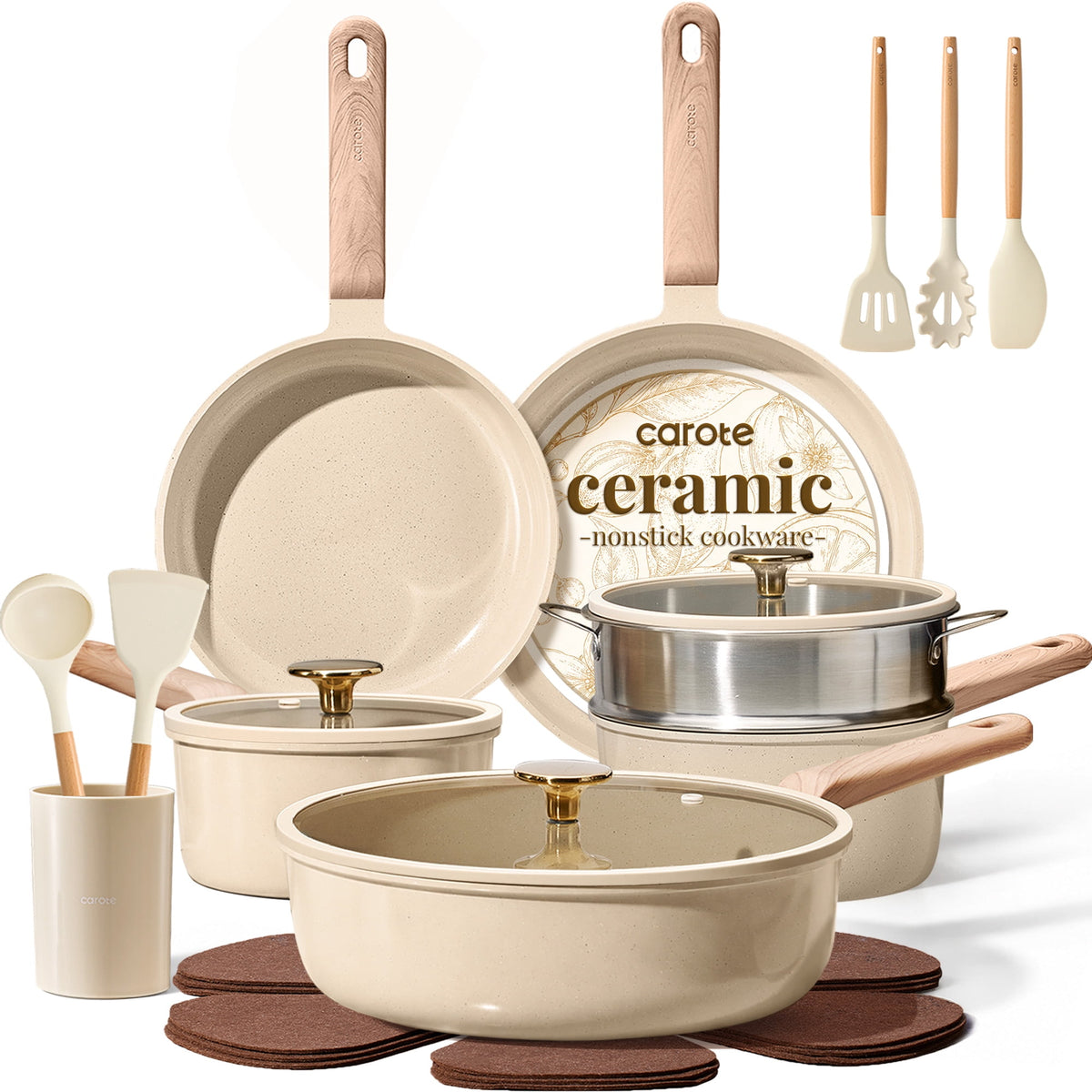Garly Kitchen 19-Piece Ceramic Pots and Pans Set, Nonstick Cookware Set with Lids