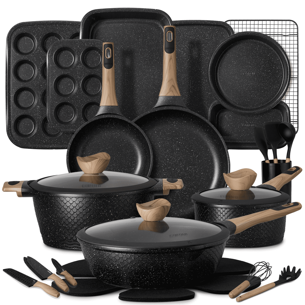 Garly Kitchen 18-Piece Nonstick Pots and Pans, Granite Cookware Set with Kitchen Utensils, Brown