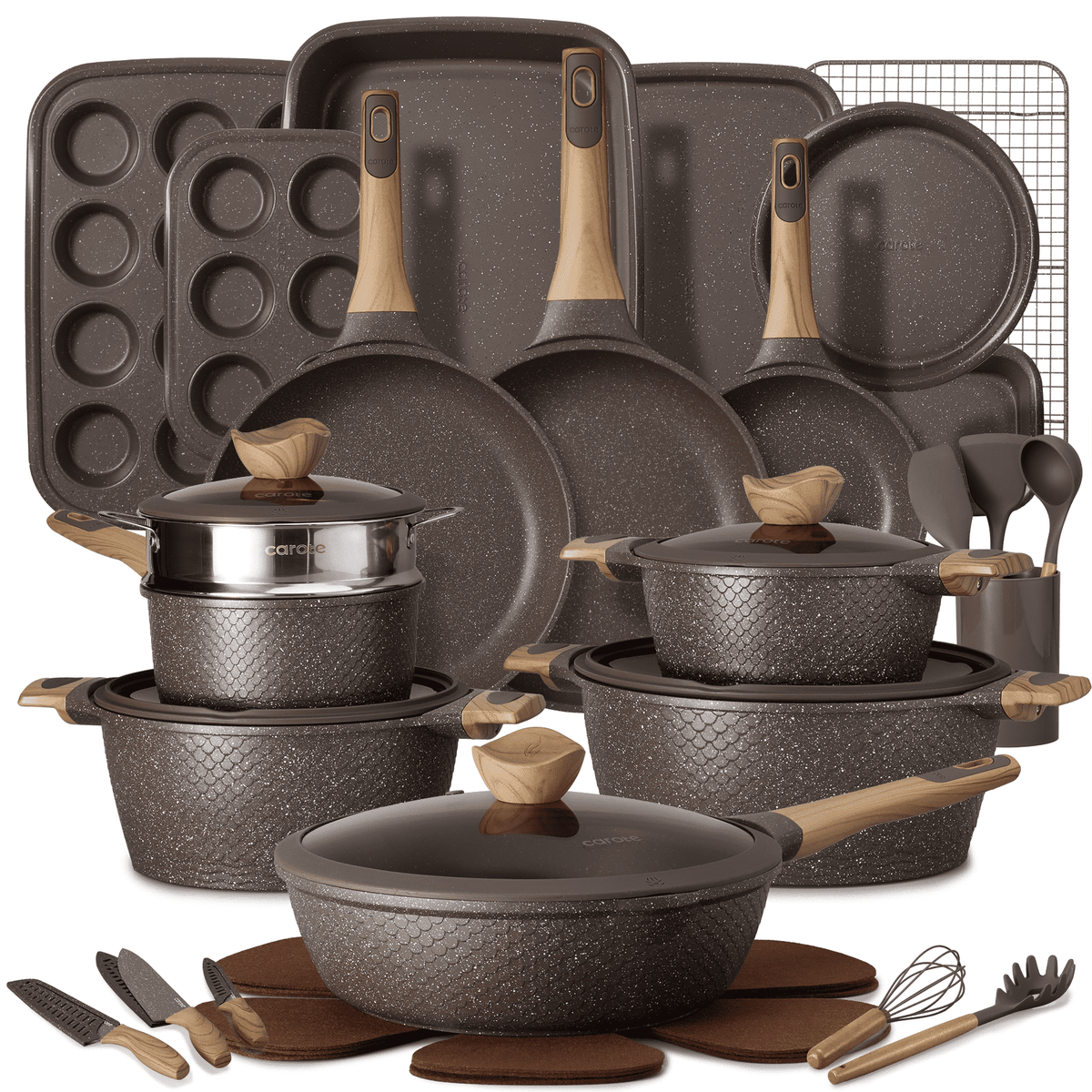 Garly Kitchen 18-Piece Nonstick Pots and Pans, Granite Cookware Set with Kitchen Utensils, Brown