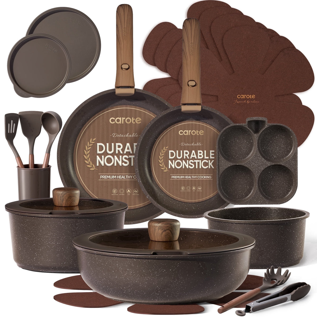 Garly Kitchen 23-Piece Nonstick Pots and Pans, Granite Cookware Set with Detachable Handle