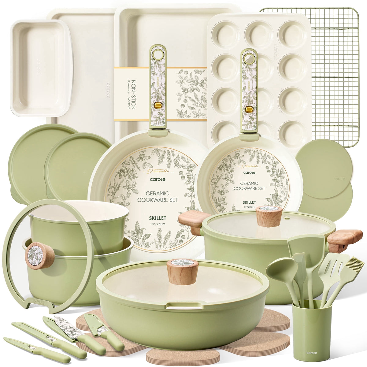 Garly Kitchen 39-Pieces Ceramic Cookware Set, Nonstick Pots and Pans with Floral Detachable Handles