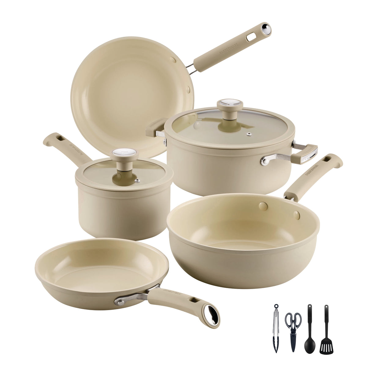 Garly Kitchen TrueCook 12-Piece Ceramic Cookware Set, Dishwasher Safe, Oven Safe to 350°F, Taupe