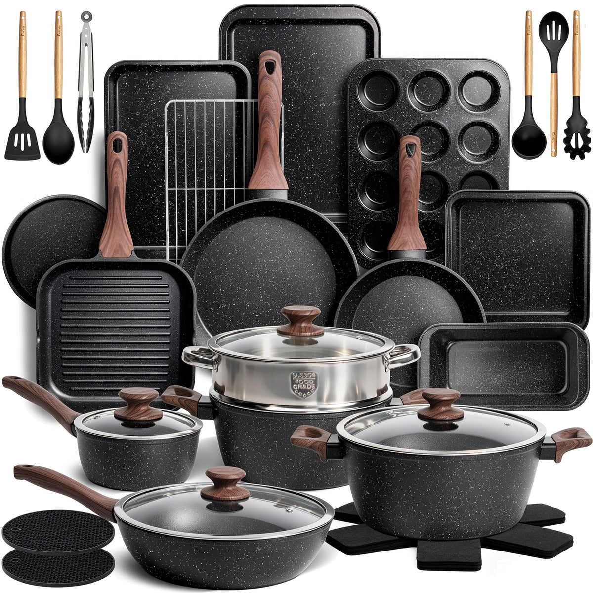 Garly Kitchen Kikcoin 34-Piece Pots and Pans Set, Dishwasher-Safe Non Stick Pots and Pans