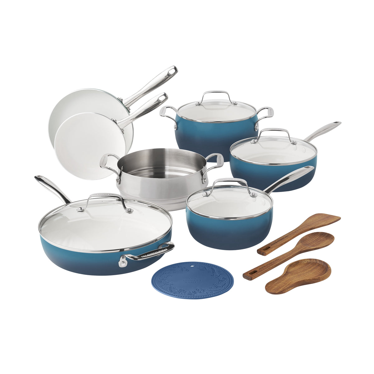 Garly Kitchen Harlow 15-Piece Ceramic Nonstick Cookware Set, Denim Blue