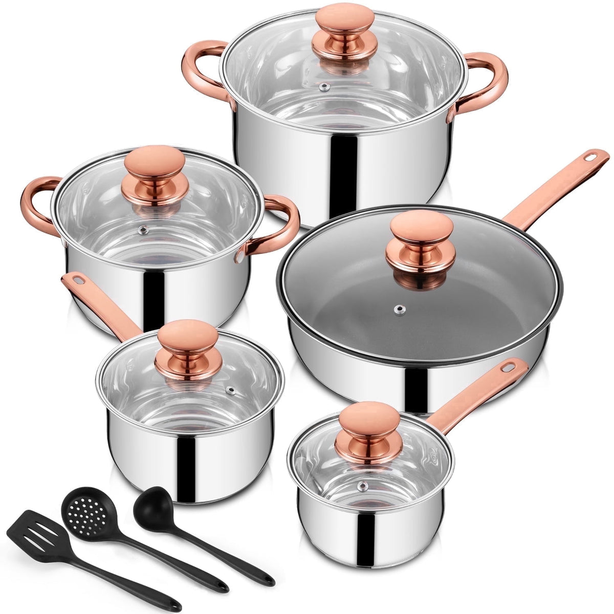 Garly Kitchen 13-Piece Stainless Steel Cookware Set, Kitchen Pots and Pans Set with Glass Lid