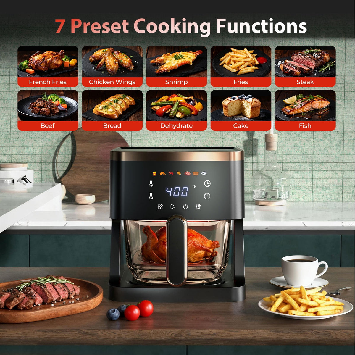 Garly Kitchen 7-in-1 Air Fryer, 5-Qt Glass Basket Fryer, 360° Cooking Window, 1400W Precise Heating