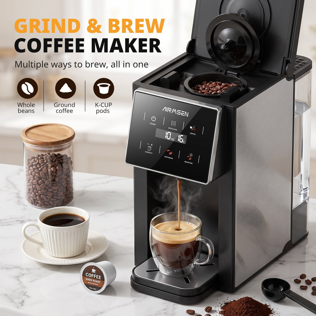 Garly Kitchen 3-in-1 Single Serve Coffee Maker with Grinder