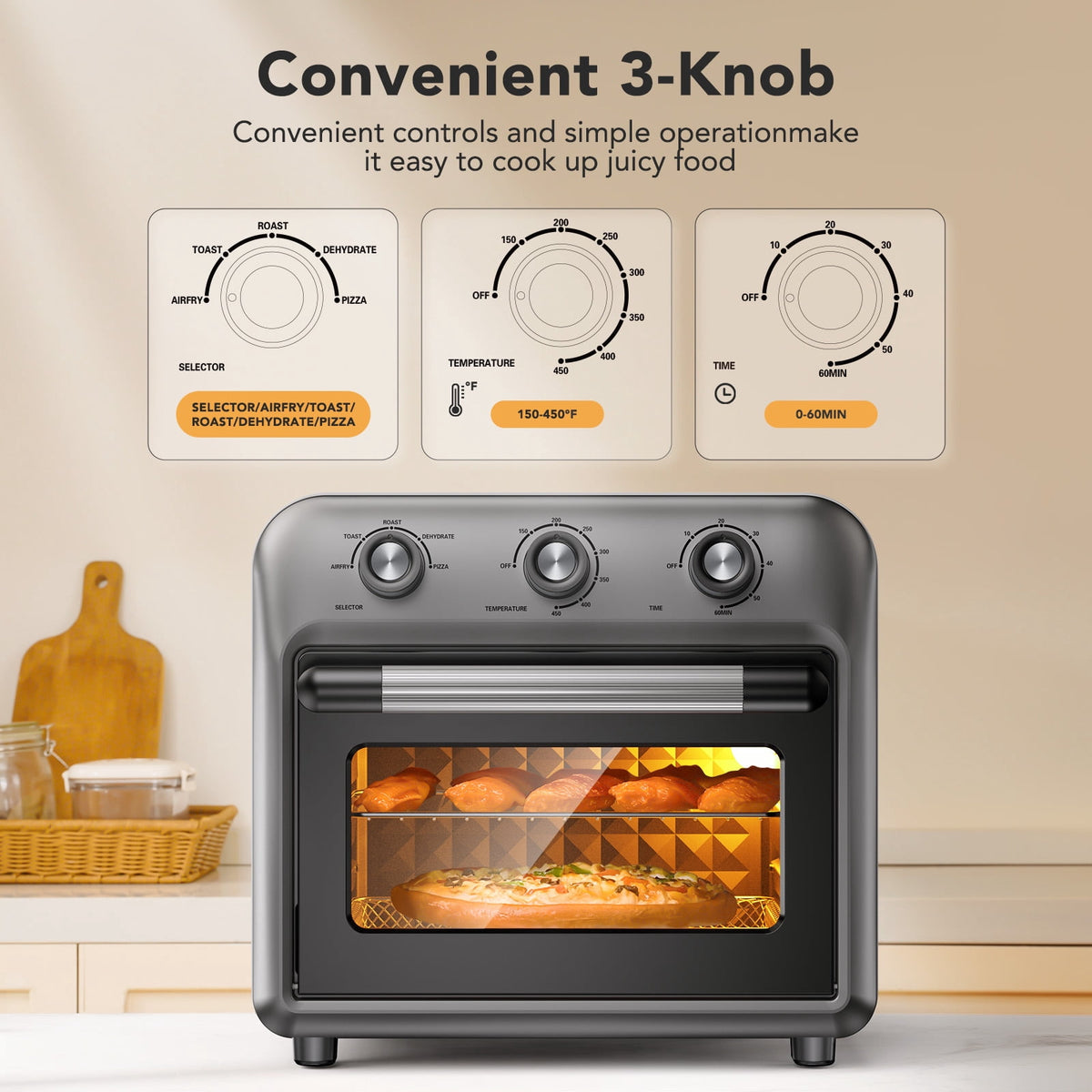 Garly Kitchen 21-Qt Air Fryer Toaster Oven with Convection, 5-in-1 Countertop Cooker, View Window